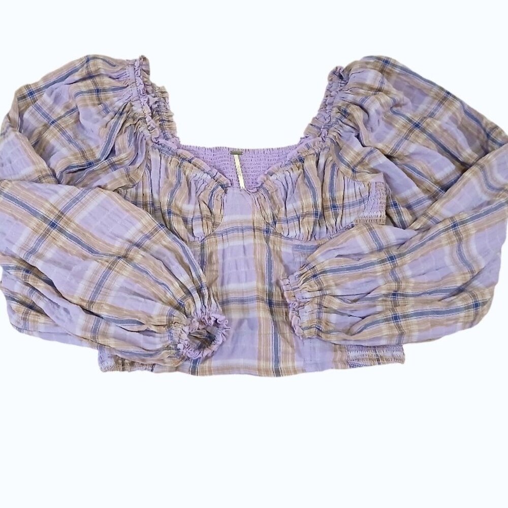 FREE PEOPLE Lavender Plaid Puff Sleeve Crop Midriff Blouse - Picture 4 of 12